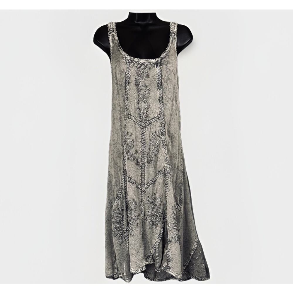 NWT Cute Options Gray Boho Midi Sun Dress Medium Floral Embroider Tie Sleeveless